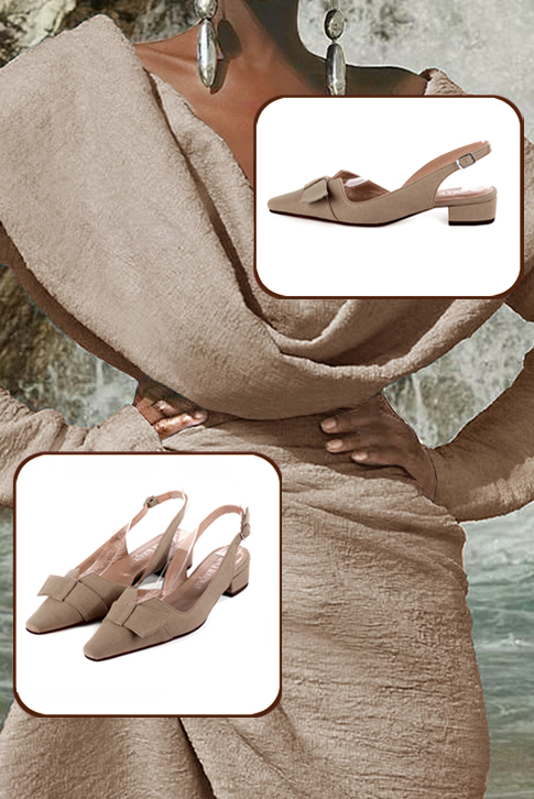 Women's tan beige elegant slingback heels, with a bow on the front. Tapered toe. Low block heels - Top view